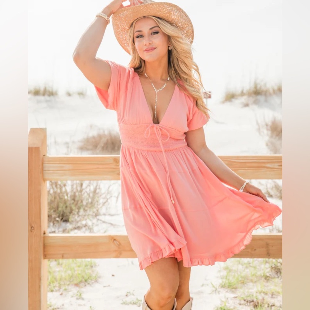 Urban Cowgirl Coral V-Neck Smocked Dress